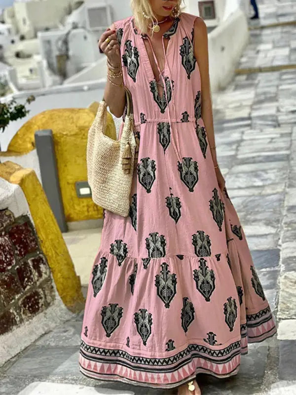 Amsoin Sleeveless Midi Bohemian Print Dress
