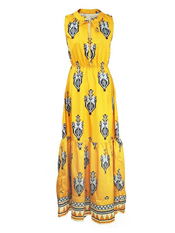 Amsoin Sleeveless Midi Bohemian Print Dress