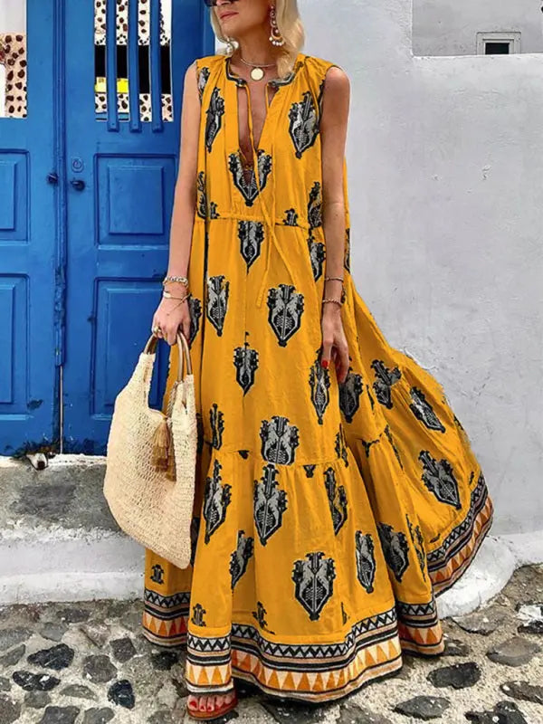 Amsoin Sleeveless Midi Bohemian Print Dress