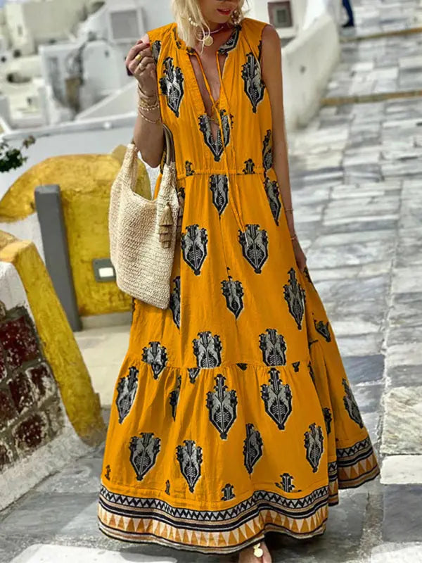 Amsoin Sleeveless Midi Bohemian Print Dress