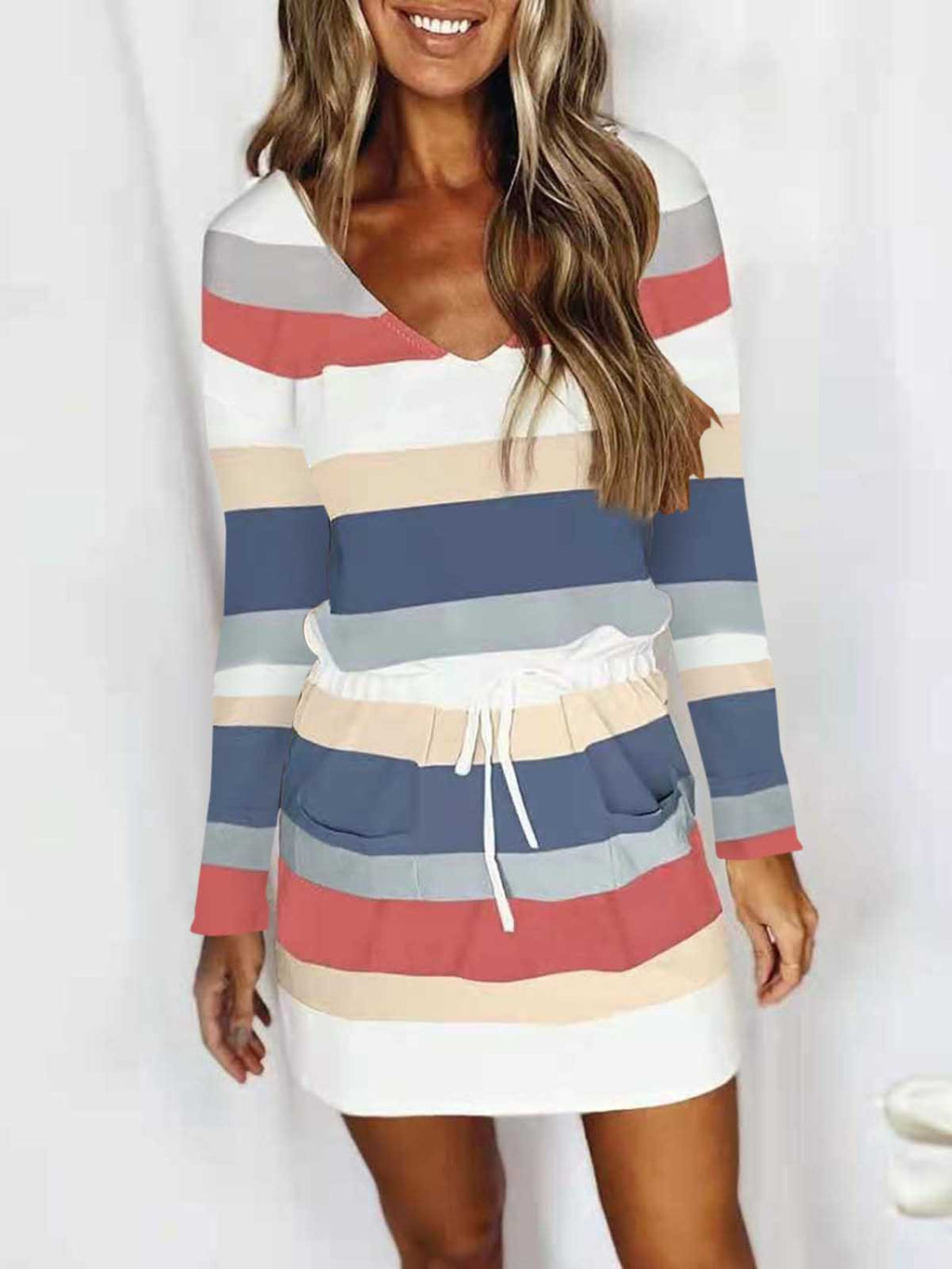 Amsoin Tie Print Long-Sleeved Dress