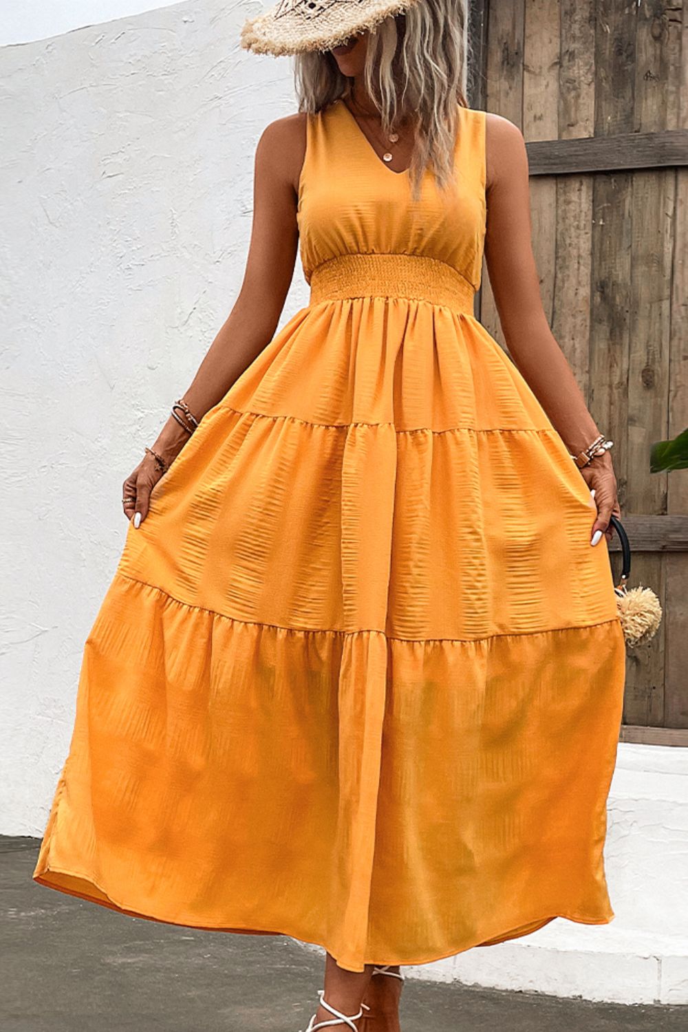 Amsoin V Neck Smocked Waist Sleeveless Tiered Dress