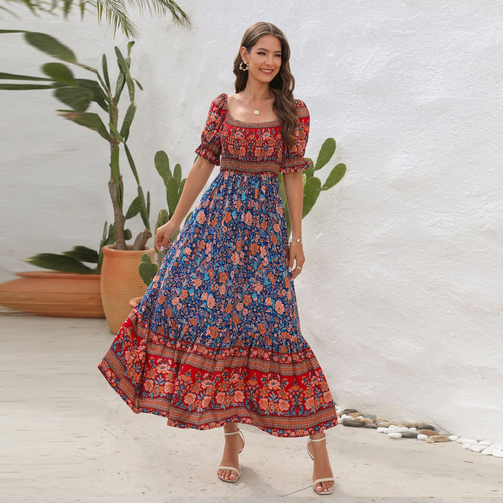 Amsoin Bohemian Beach Holiday Off-shoulder Puff Sleeve Dress