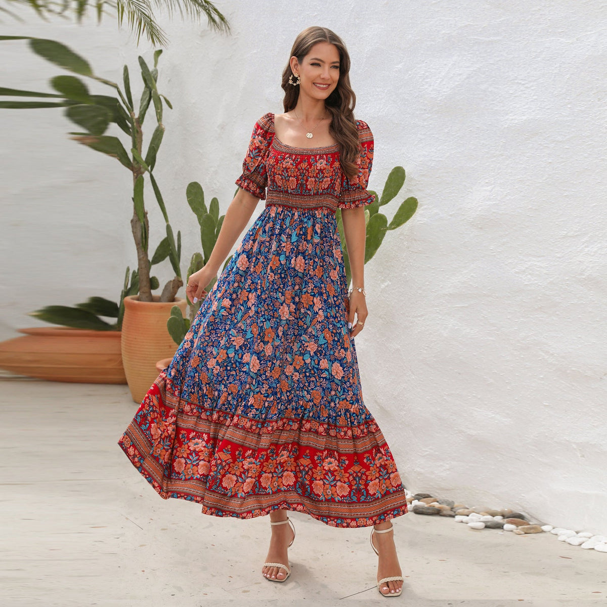 Amsoin Bohemian Beach Holiday Off-shoulder Puff Sleeve Dress