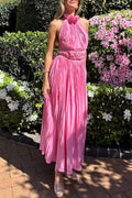 Amsoin Halter Neck Backless Tie-up Pleated Midi Dress