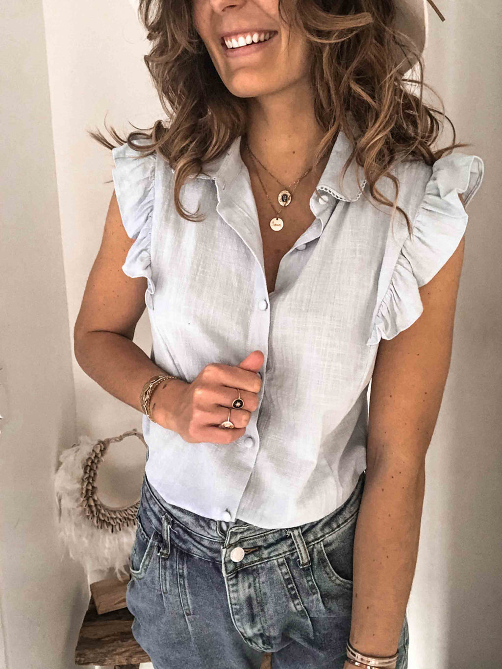 Amsoin Lapel Button Ruffled Shirt
