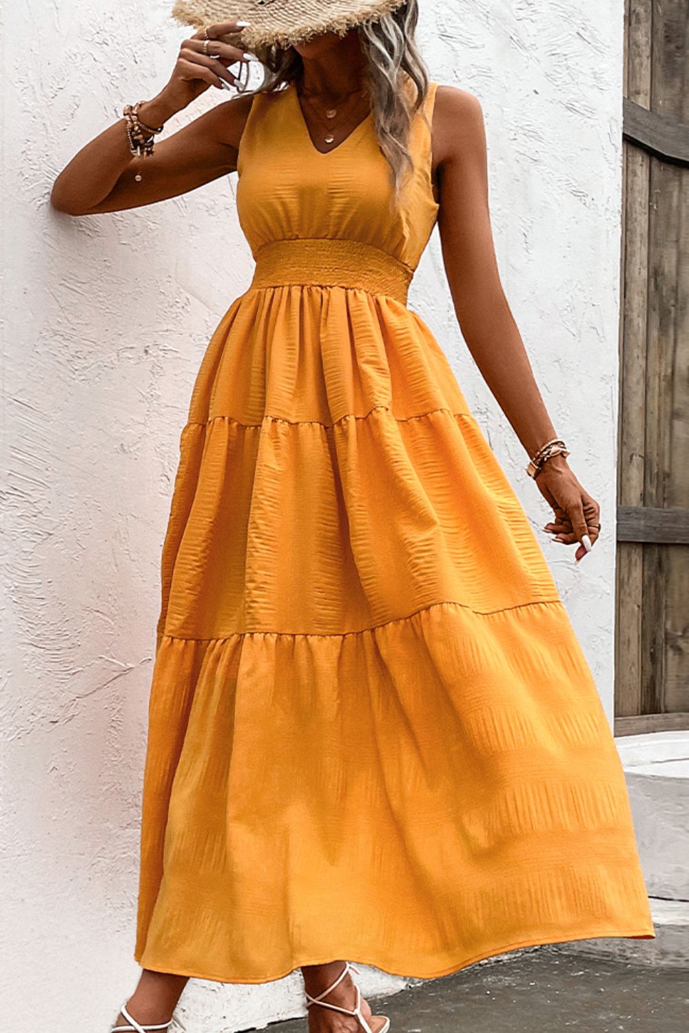 Amsoin V Neck Smocked Waist Sleeveless Tiered Dress