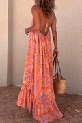 AmsoinHalter Backless Printed Maxi Ruffle Swing Dress