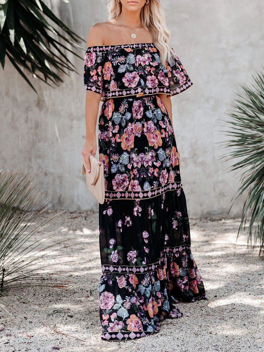 Amsoin Floral Print One-shoulder Mopping Dress