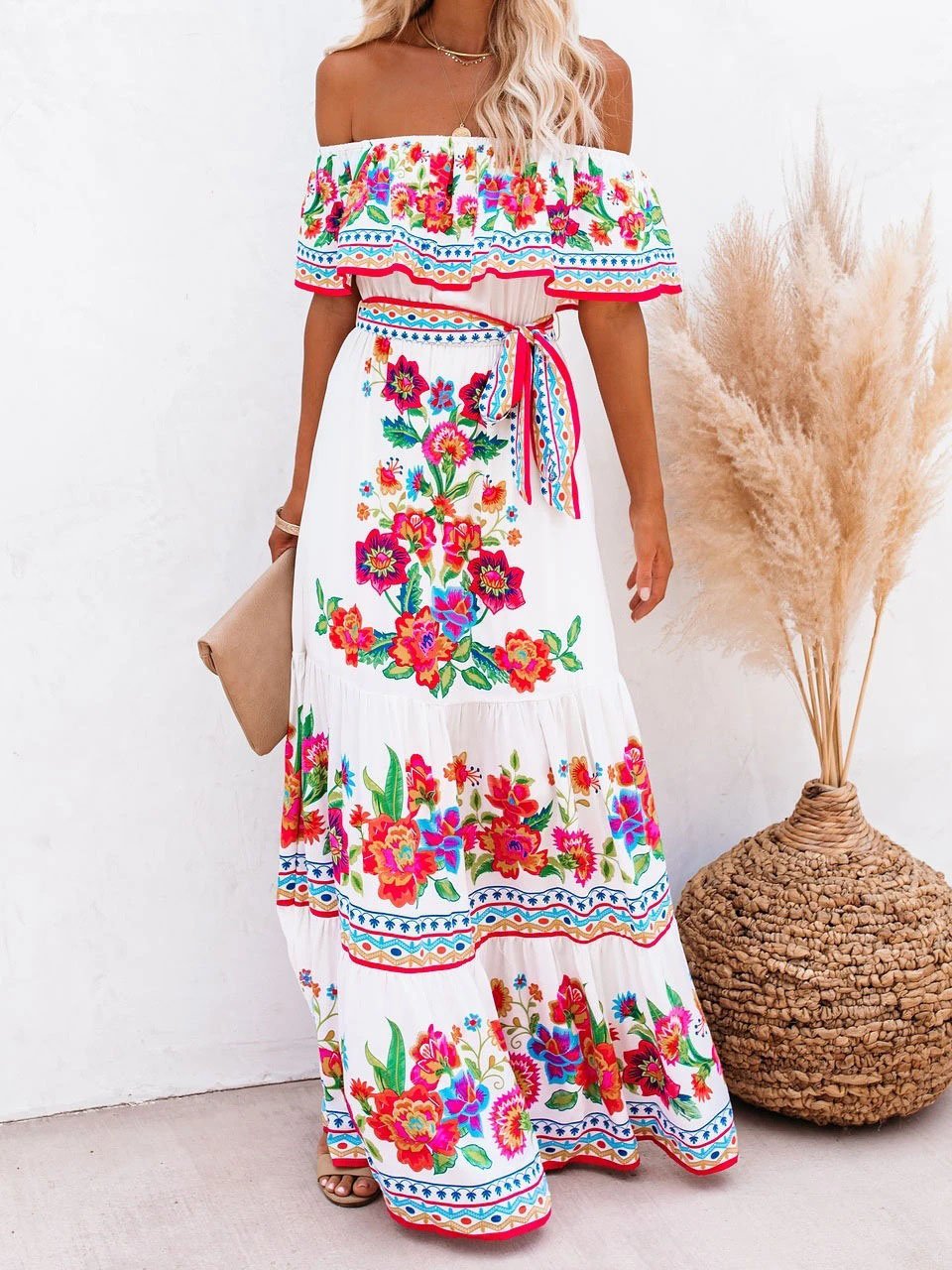 Amsoin Floral Print One-shoulder Mopping Dress