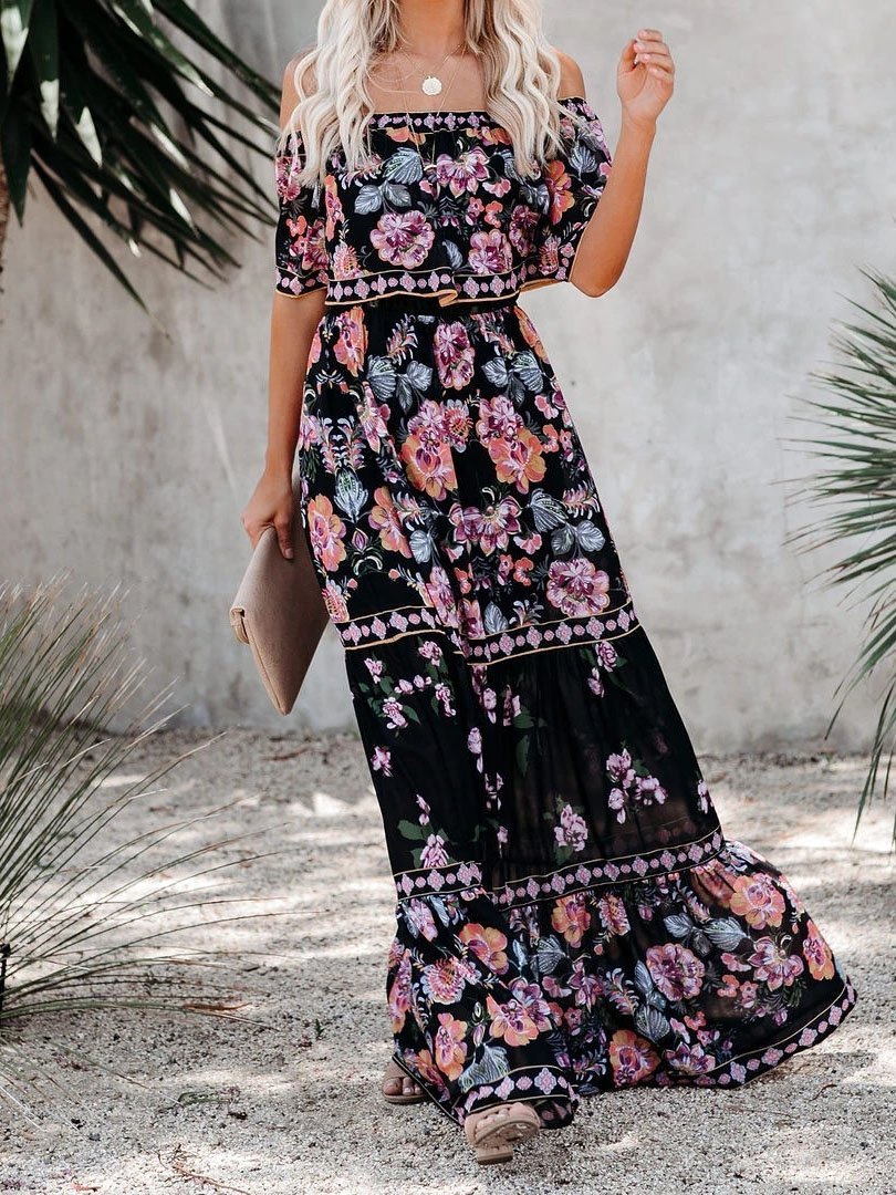 Amsoin Floral Print One-shoulder Mopping Dress