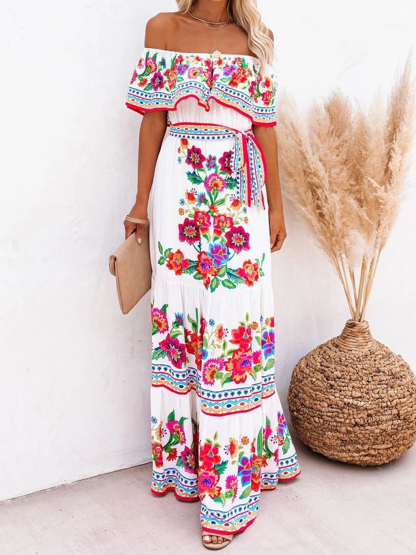 Amsoin Floral Print One-shoulder Mopping Dress