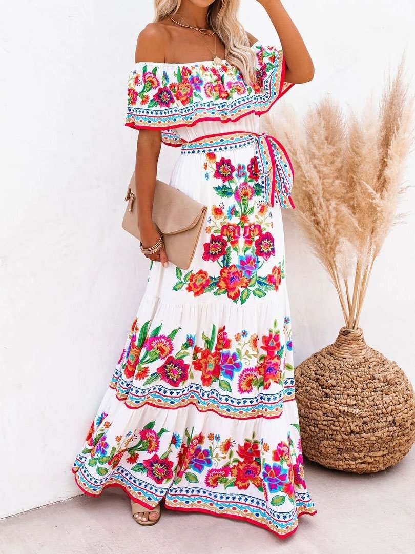 Amsoin Floral Print One-shoulder Mopping Dress
