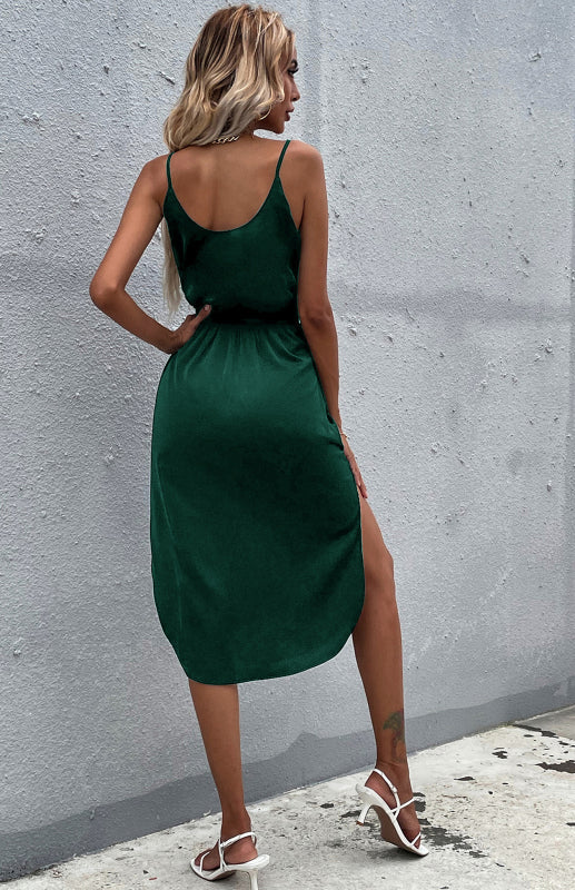 Amsoin Solid Color Hip Slit Dress
