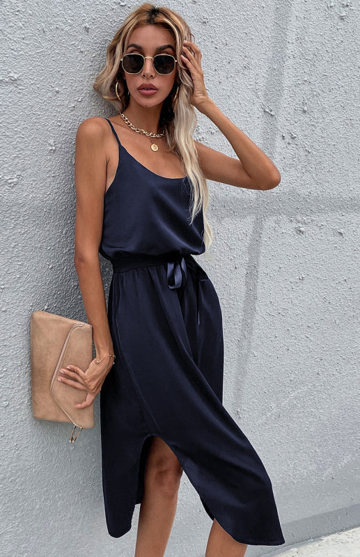 Amsoin Solid Color Hip Slit Dress