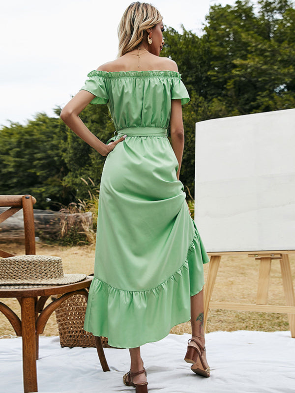 Amsoin One Shoulder Ruffle Tie Waist Solid Color Dress