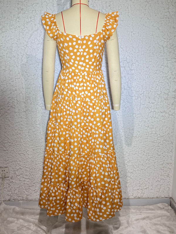 Amsoin Polka Dot Print Ruffle Sleeve Swing Dress