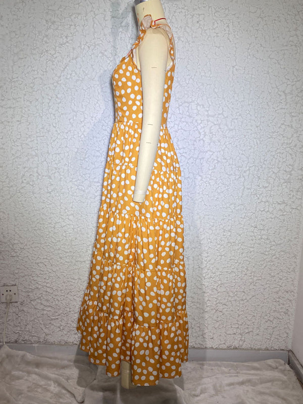 Amsoin Polka Dot Print Ruffle Sleeve Swing Dress
