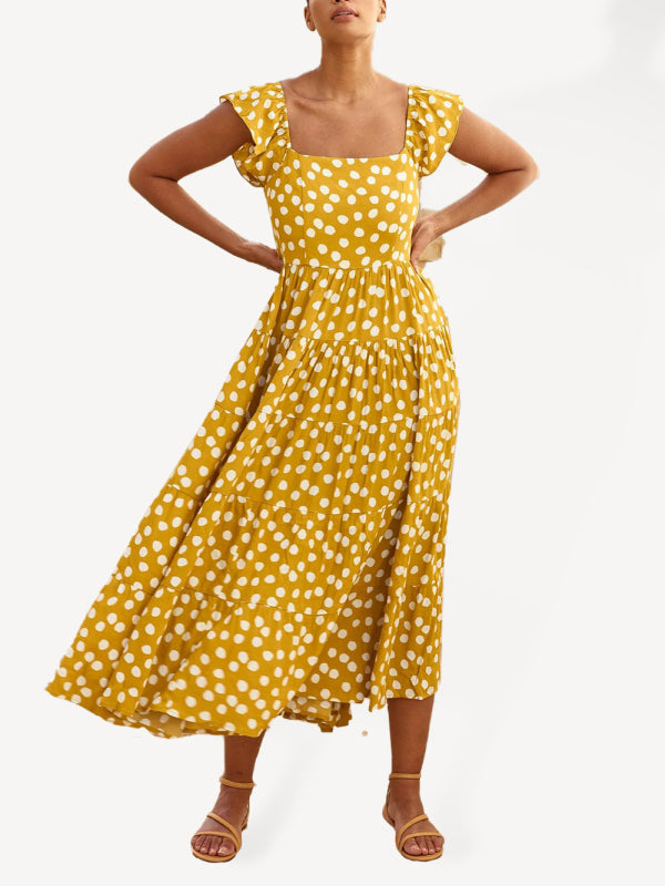 Amsoin Polka Dot Print Ruffle Sleeve Swing Dress