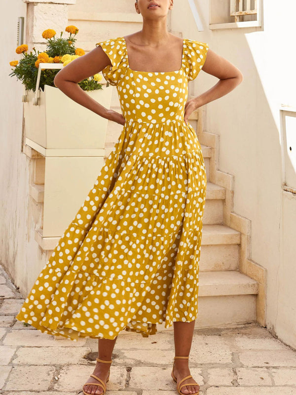 Amsoin Polka Dot Print Ruffle Sleeve Swing Dress