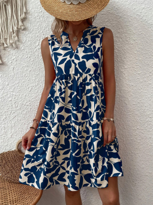 Amsoin Floral Print V Neck Pleated Print Dress