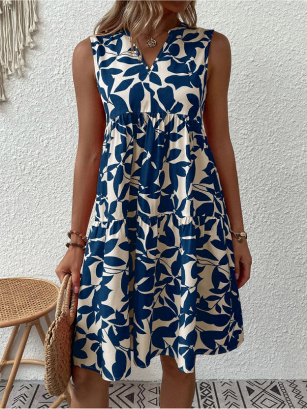 Amsoin Floral Print V Neck Pleated Print Dress