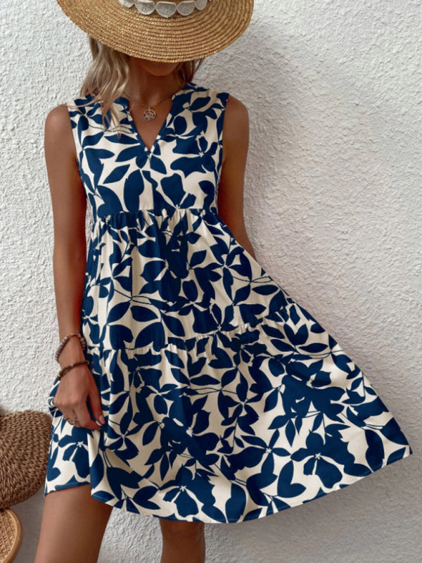 Amsoin Floral Print V Neck Pleated Print Dress