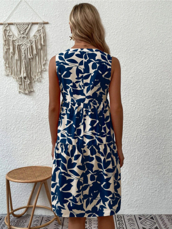 Amsoin Floral Print V Neck Pleated Print Dress
