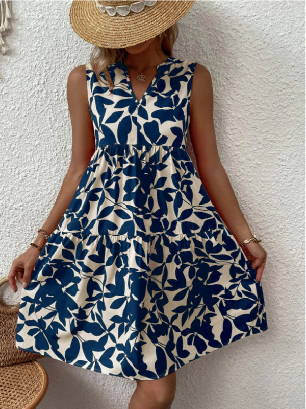 Amsoin Floral Print V Neck Pleated Print Dress