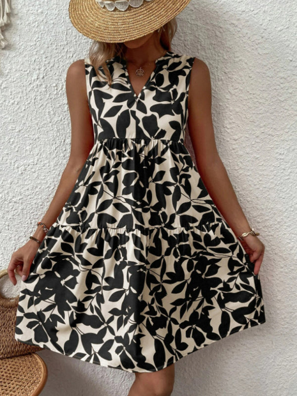 Amsoin Floral Print V Neck Pleated Print Dress