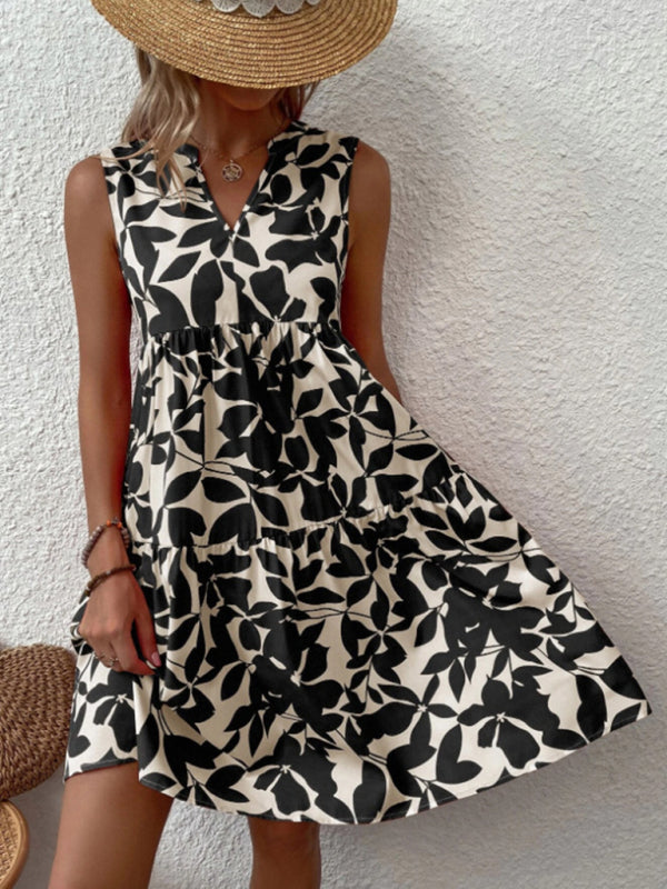 Amsoin Floral Print V Neck Pleated Print Dress