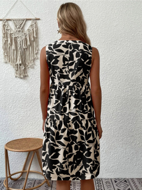 Amsoin Floral Print V Neck Pleated Print Dress