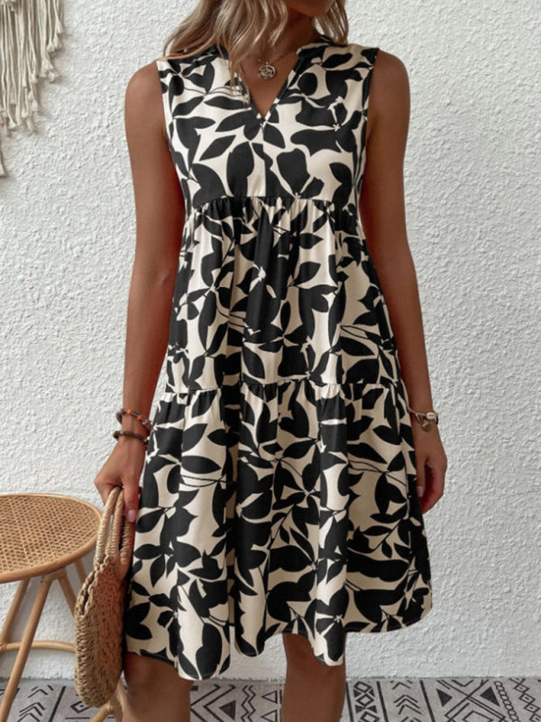 Amsoin Floral Print V Neck Pleated Print Dress
