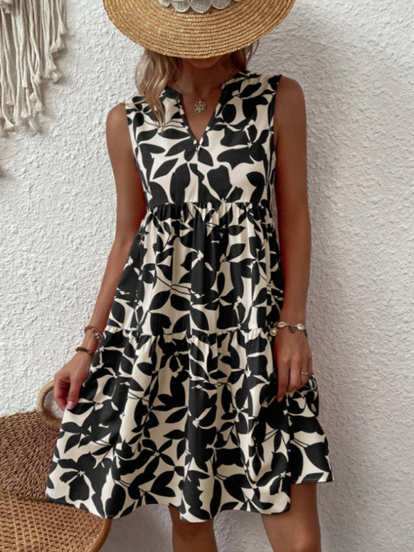 Amsoin Floral Print V Neck Pleated Print Dress