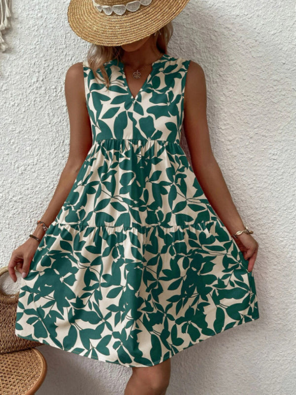 Amsoin Floral Print V Neck Pleated Print Dress