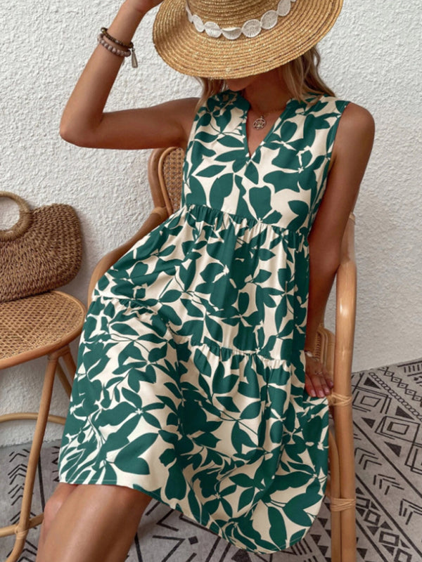 Amsoin Floral Print V Neck Pleated Print Dress