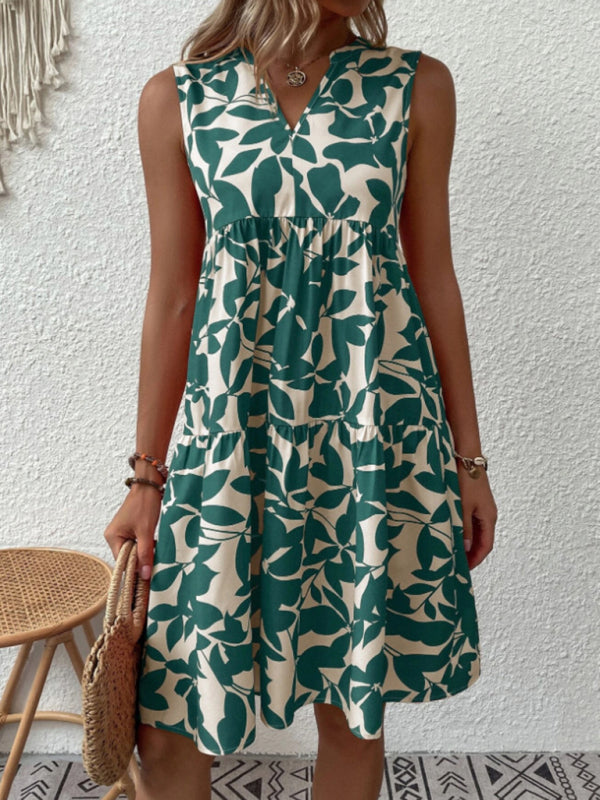 Amsoin Floral Print V Neck Pleated Print Dress
