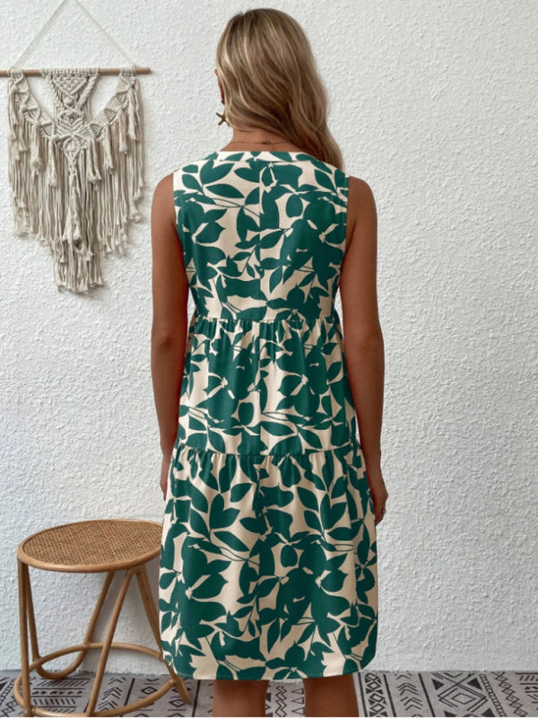 Amsoin Floral Print V Neck Pleated Print Dress