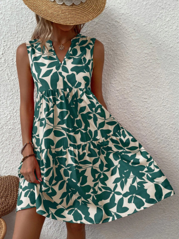 Amsoin Floral Print V Neck Pleated Print Dress