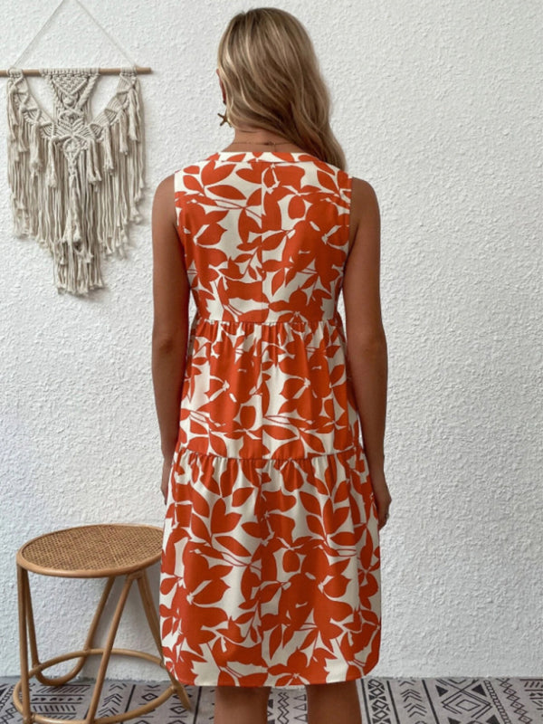 Amsoin Floral Print V Neck Pleated Print Dress