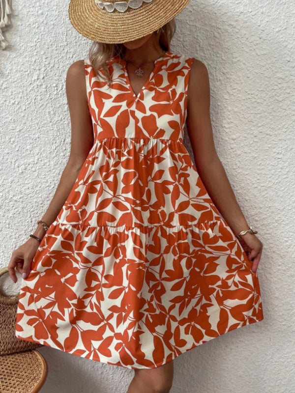 Amsoin Floral Print V Neck Pleated Print Dress