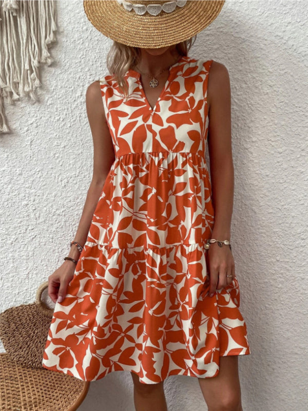 Amsoin Floral Print V Neck Pleated Print Dress
