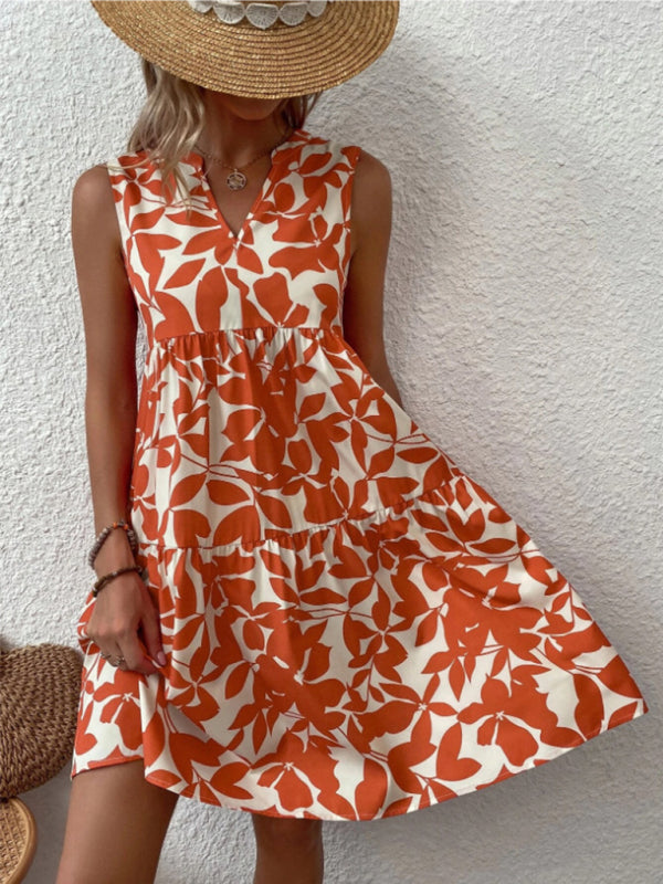 Amsoin Floral Print V Neck Pleated Print Dress
