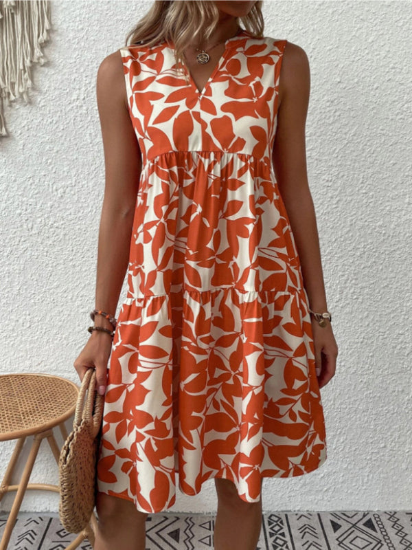 Amsoin Floral Print V Neck Pleated Print Dress