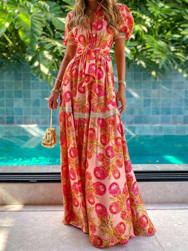 Amsoin Bohemian Floral Print Midi Dress
