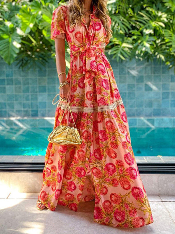 Amsoin Bohemian Floral Print Midi Dress