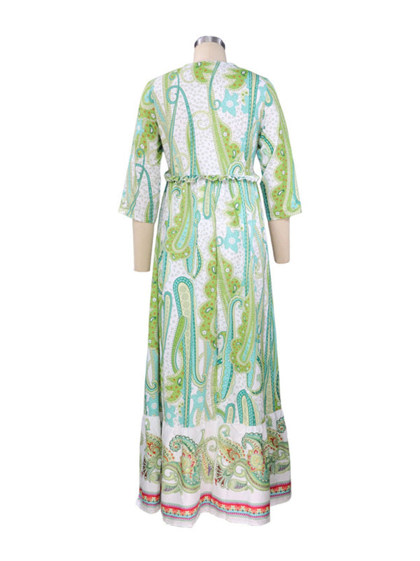 Amsoin Long Sleeve V-Neck Bohemian Print Dress