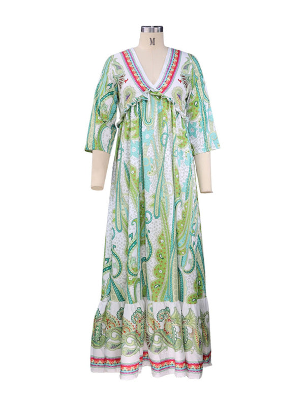 Amsoin Long Sleeve V-Neck Bohemian Print Dress