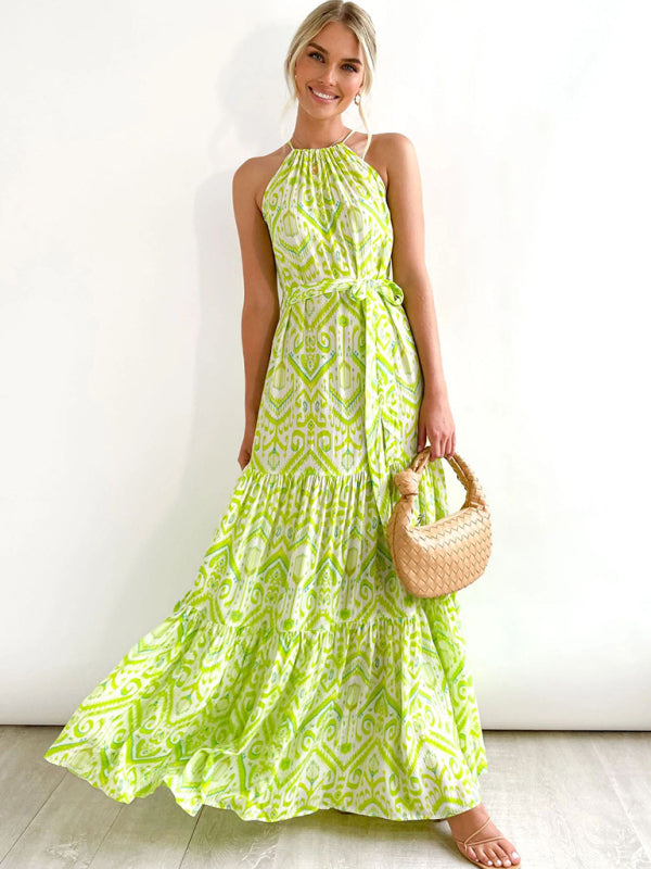 Amsoin Elegant Geometric Print Halter Neck Sleeveless Dress