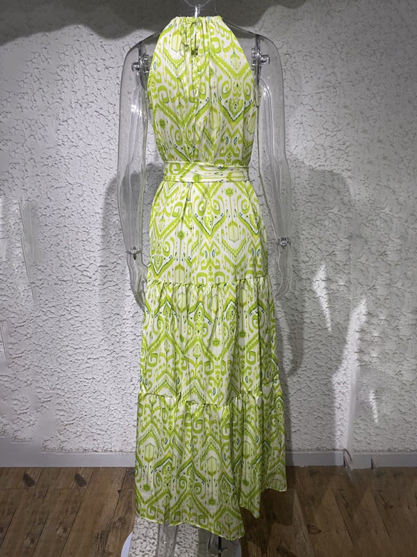 Amsoin Elegant Geometric Print Halter Neck Sleeveless Dress